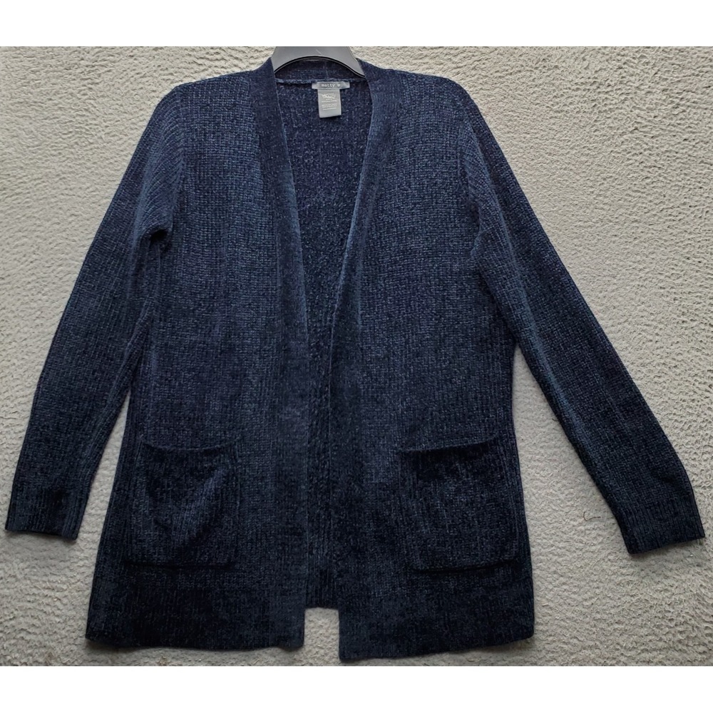 Matty M Chenille Cardigan Sweater Womens Large Navy Raglan Sleeve Open Front EUC